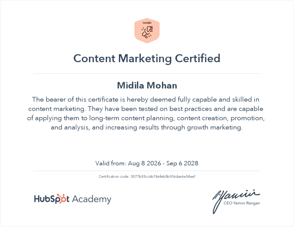 content marketing certificate for the best performance marketer in thrissur